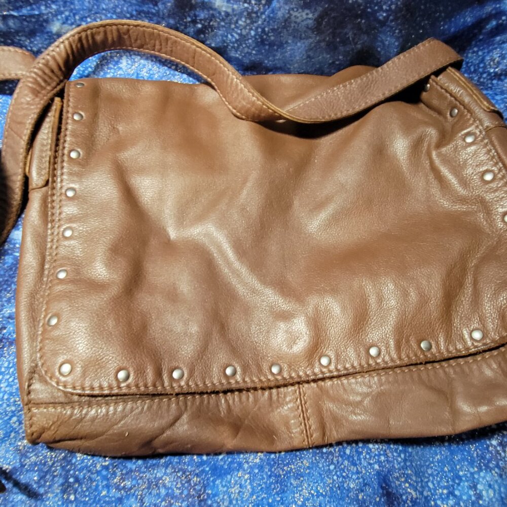 J Jill Brown Leather Crossbody Purse with Metal Studs
